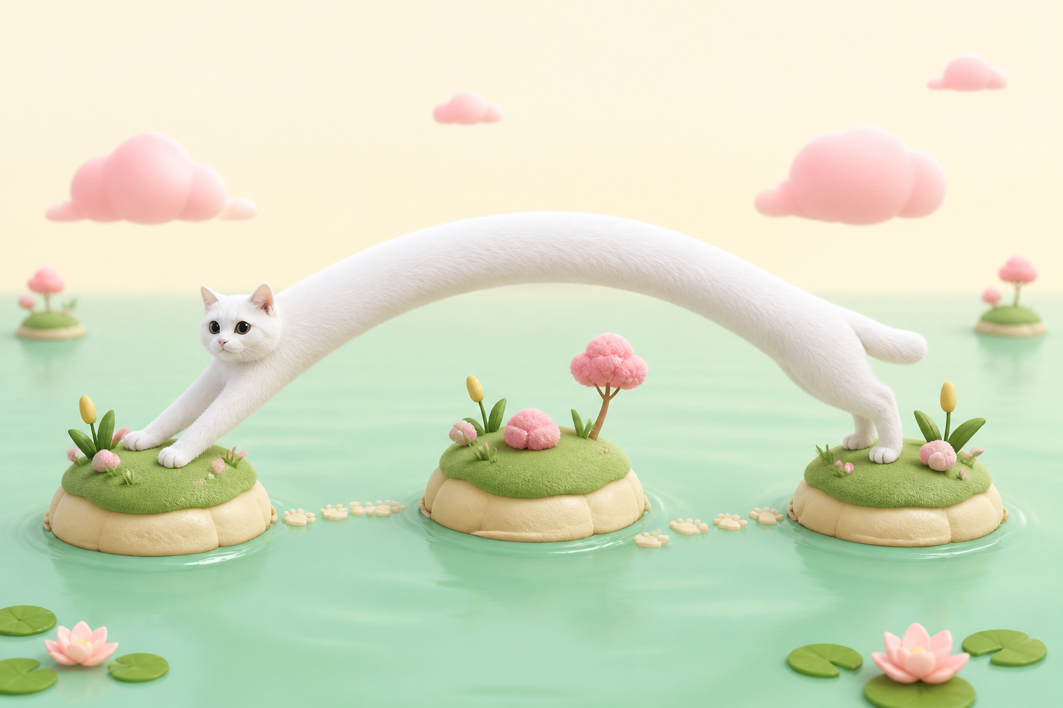 A long white cat forming a bridge across three tiny islands