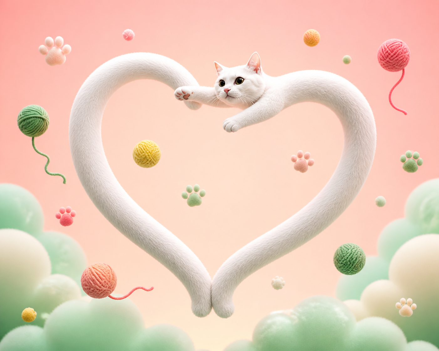 A long white cat forming a heart among colorful yarn balls