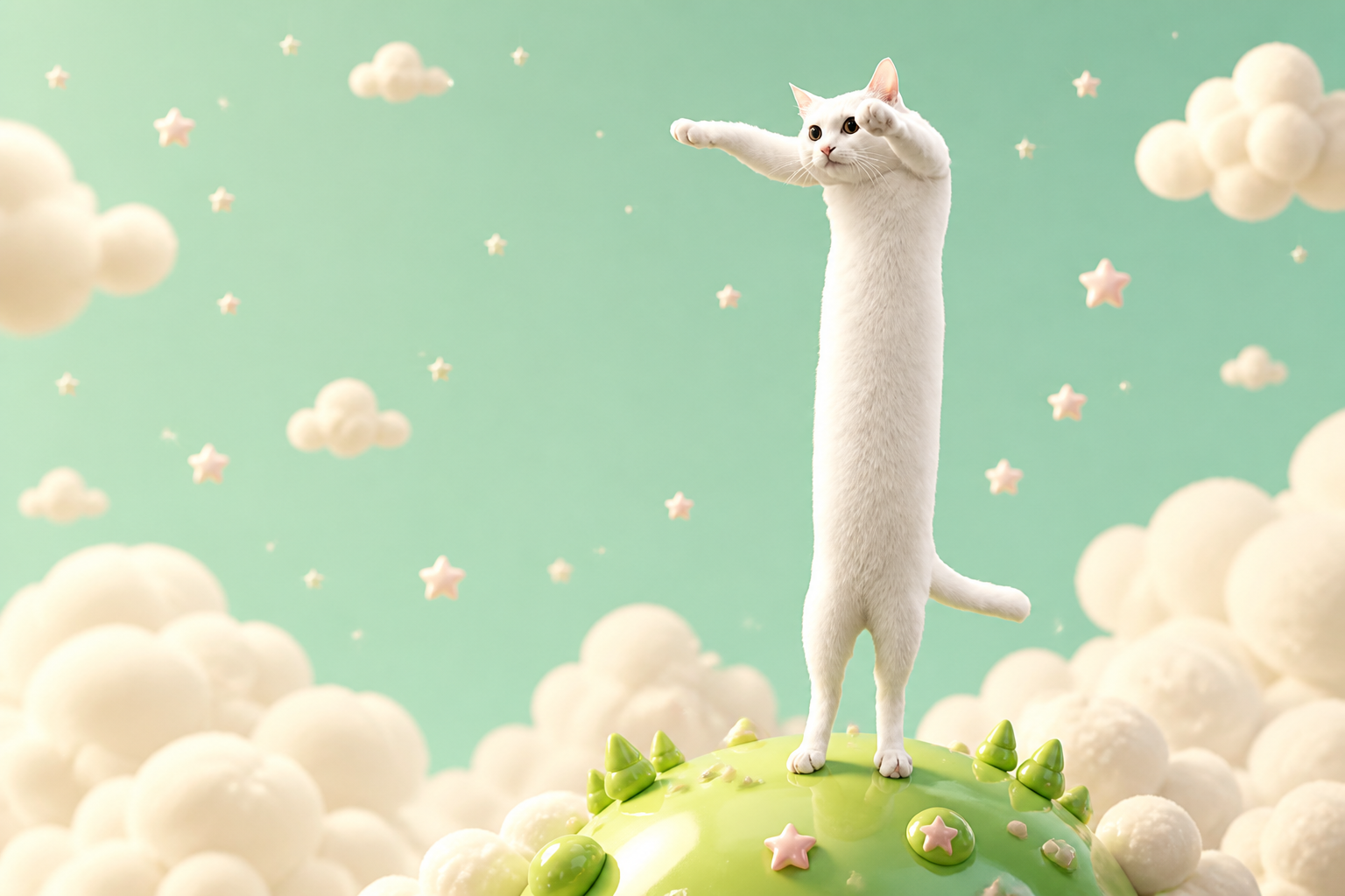 A very long white cat standing on a tiny green planet among fluffy clouds