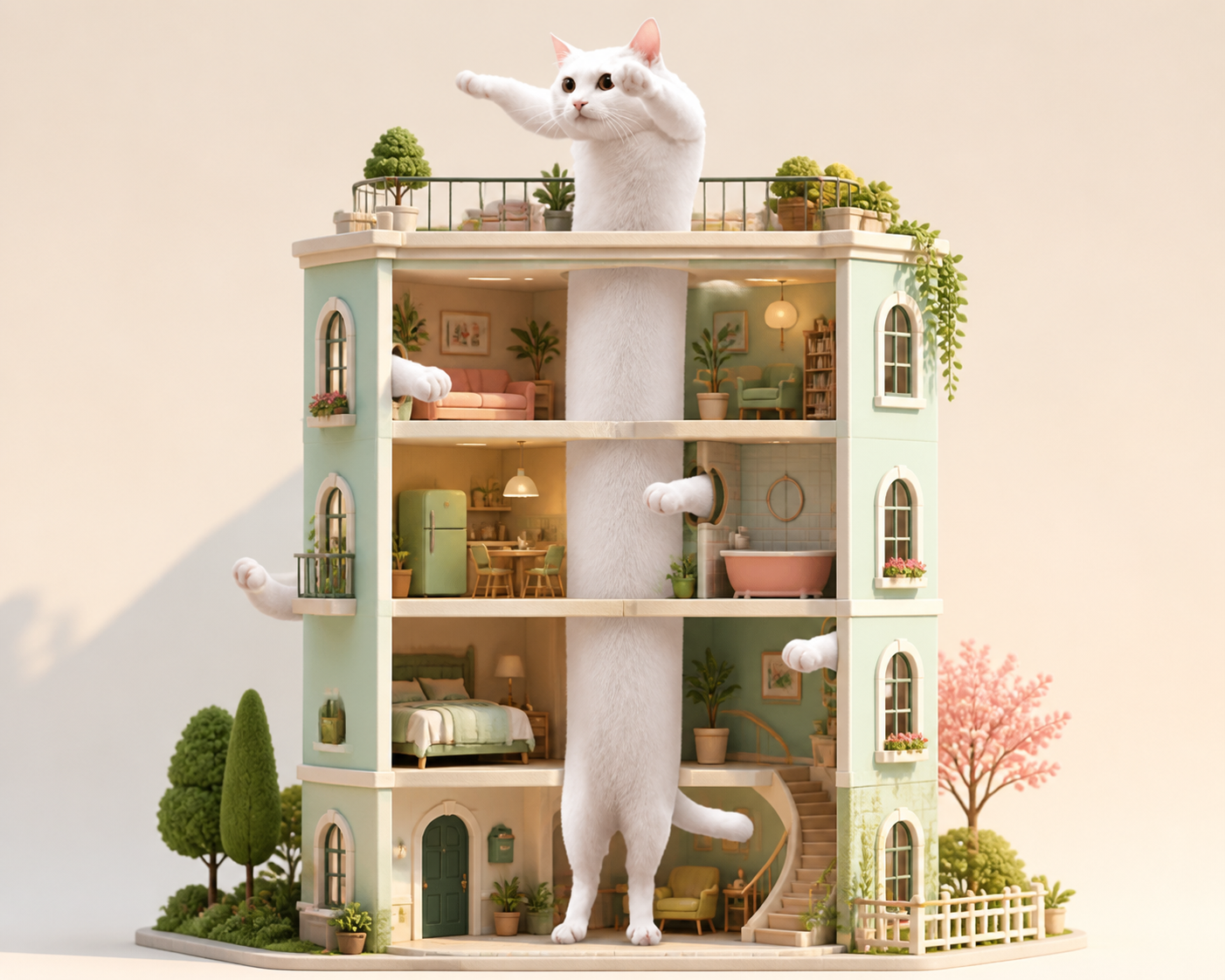 A tall white cat stretching through every floor of a tiny house