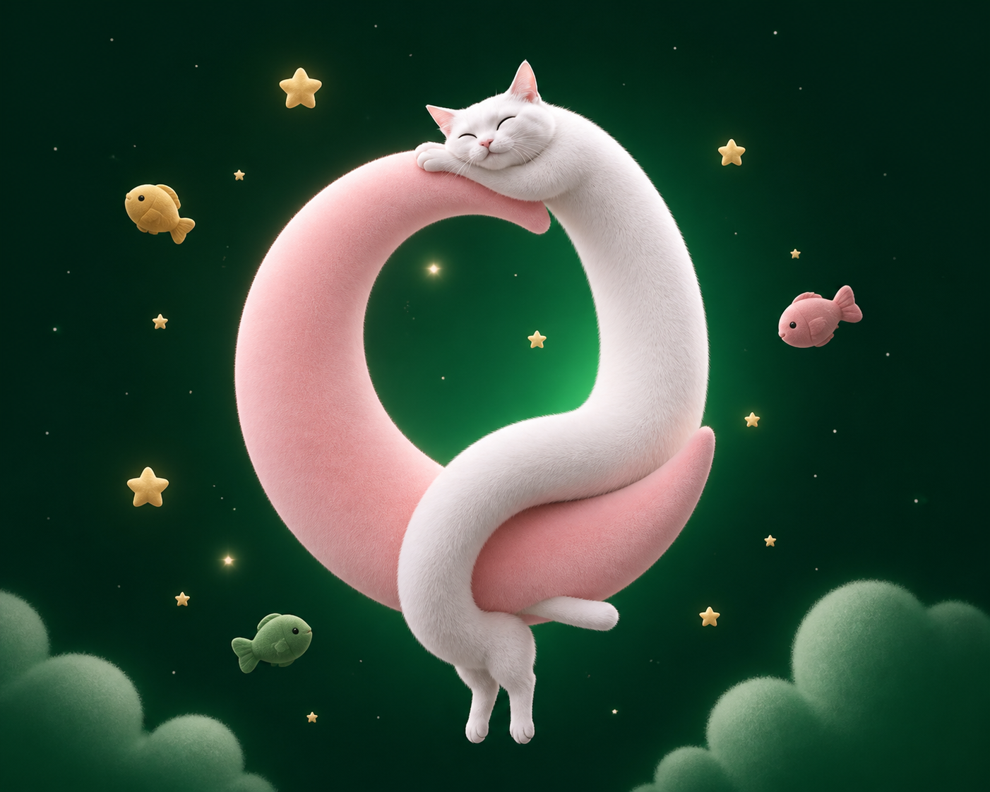 A long white cat wrapped around a pink crescent moon