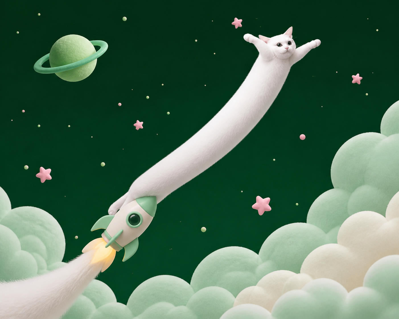 A very long white cat launching through space on a tiny rocket