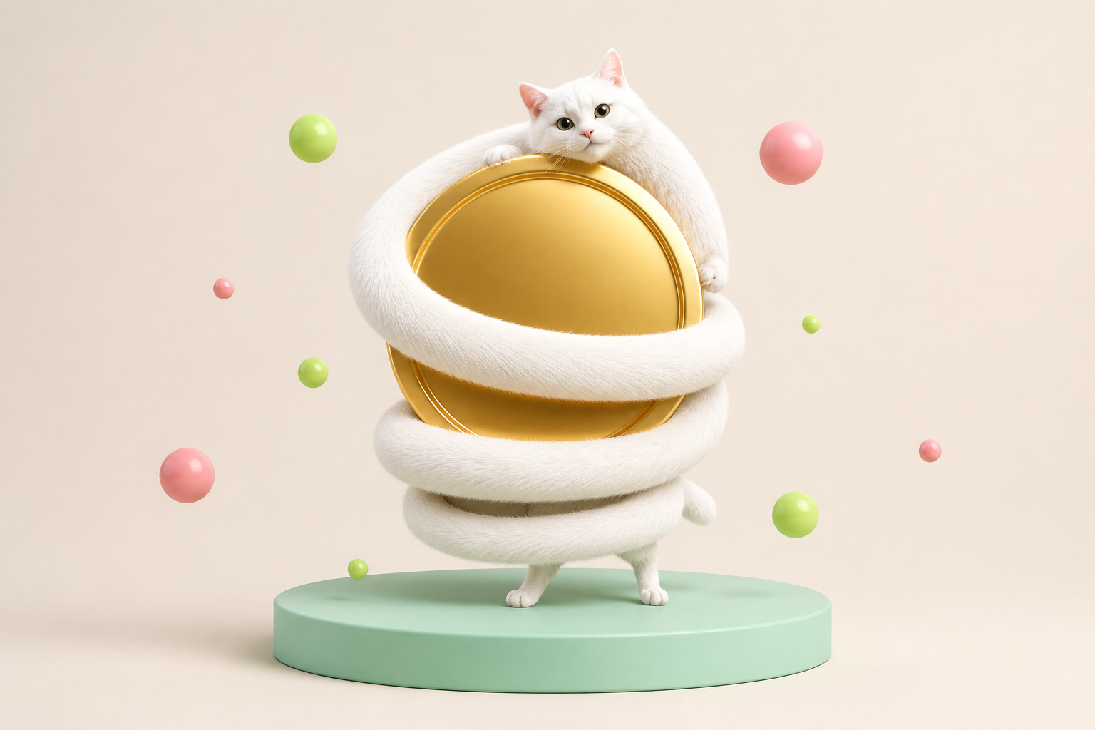 A long white cat hugging a giant golden coin